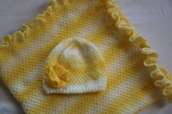 Knitting Pattern For Baby Hat And Blanket Set Ray Of Sunshine Baby Beanie Hat With Flower Blanket With Ruffle Knit Pattern Baby Girl