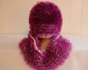 Faux Fur Hat Cowl Set for Girls. Knit Snow Fur hats. Winter Hat Cowl set. Valentine's  Christmas Gifts for Girls.Purple.Blue.Pink.