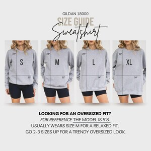 Puede incluir: Gu&iacute;a de tallas para una sudadera gris Gildan 18000, que muestra medidas para las tallas S, M, L y XL. La imagen incluye el texto "Looking for an oversized fit?" y proporciona recomendaciones de tallas.