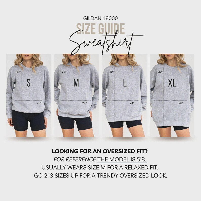 Puede incluir: Gu&iacute;a de tallas para una sudadera gris Gildan 18000, que muestra medidas para las tallas S, M, L y XL. La imagen incluye el texto "Looking for an oversized fit?" y proporciona recomendaciones de tallas.
