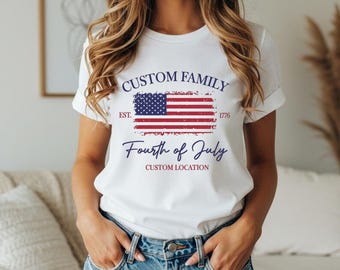 Camiseta personalizada familiar del 4 de julio, camiseta con el nombre y la ubicación de la familia, camiseta Est. 1776