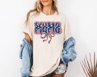 Camiseta retro USA Mama, camiseta gráfica patriótica de estrellas y rayas