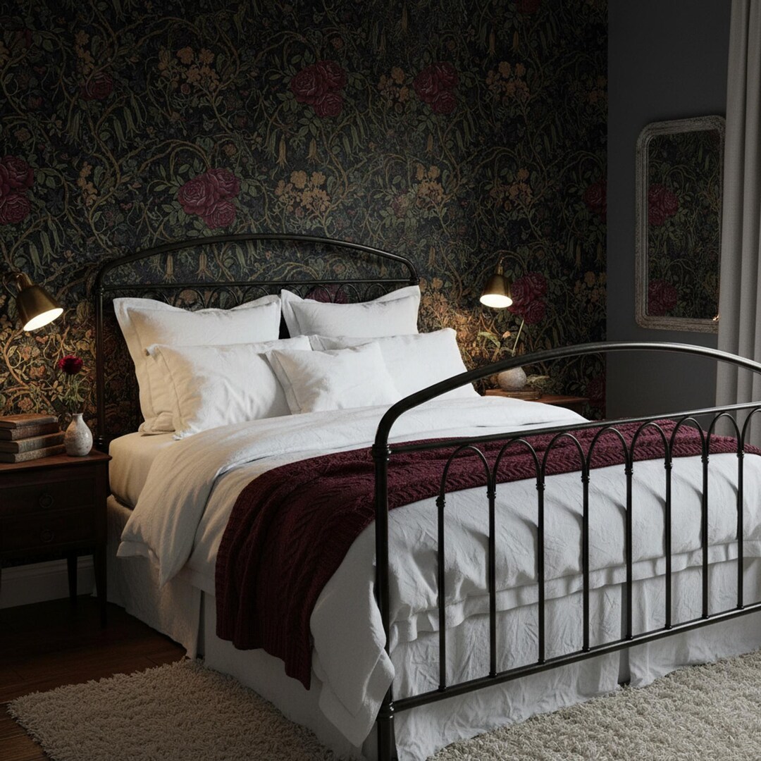 Dark Botanical Peel and Stick Wallpaper Moody Vintage Floral Wildflower ...