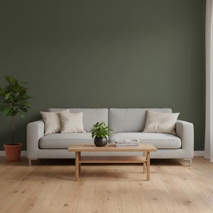 May include: A light gray sofa with three beige throw pillows sits behind a rectangular wooden coffee table. A small potted green plant and a stack of books rest on the table. To the left, a tall green plant in a terracotta pot stands on the floor.