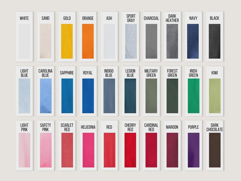 May include: A color chart featuring rectangular swatches in various shades. The chart includes colors like white, black, navy, red, and green, with labels such as "White," "Navy," and "Red." The color swatches are arranged in rows and columns.