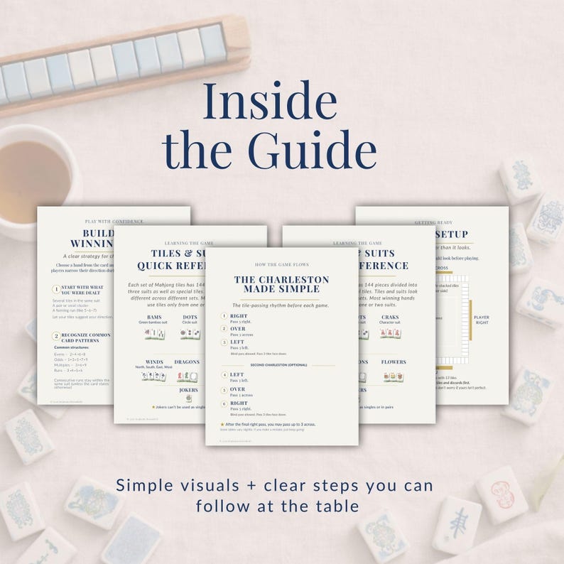 May include: A guide to playing Mahjong, featuring instructional pages with text and diagrams. The pages are arranged around a cup of tea and a set of Mahjong tiles. The text includes "Inside the Guide" and "Simple visuals + clear steps you can follow at the table."