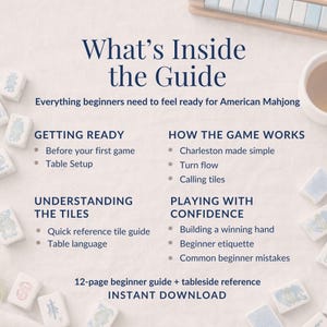 May include: A beginner's guide to American Mahjong. The guide includes sections on getting ready, how the game works, understanding tiles, and playing with confidence. The guide is a 12-page beginner guide with a tableside reference and instant download.