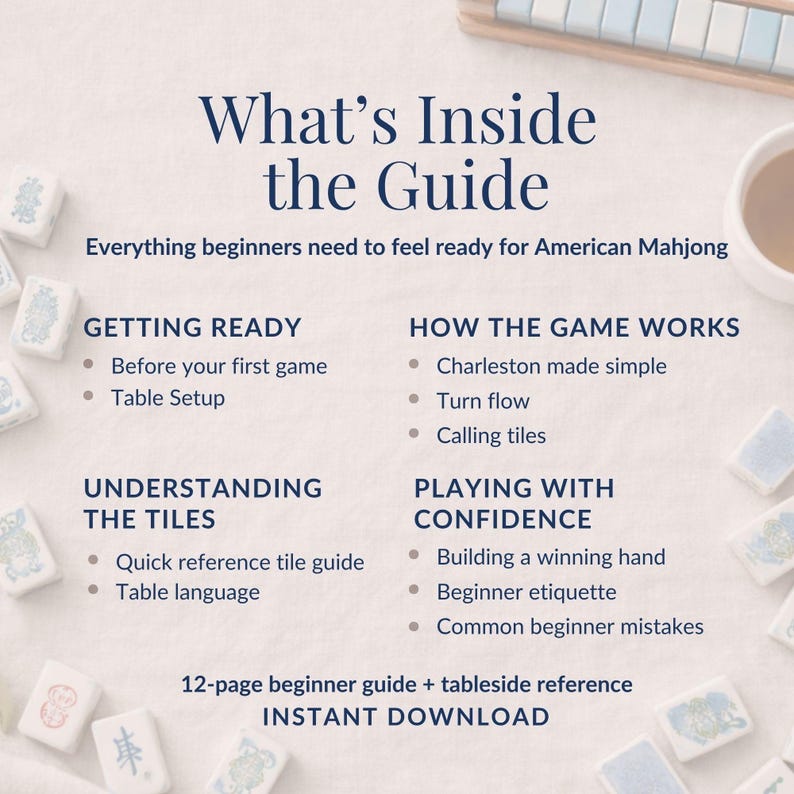 May include: A beginner's guide to American Mahjong. The guide includes sections on getting ready, how the game works, understanding tiles, and playing with confidence. The guide is a 12-page beginner guide with a tableside reference and instant download.
