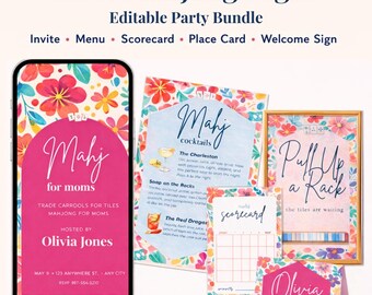 Host Mahjong Night Printable Bundle, bearbeitbare Canva Invite, Cocktailkarte, Scorecard & Party Schilder