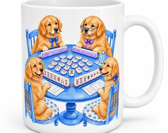 Mahjong-Tasse mit Golden-Retriever-Motiv | 440-ml-Kaffeebecher mit Aquarell-Motiv