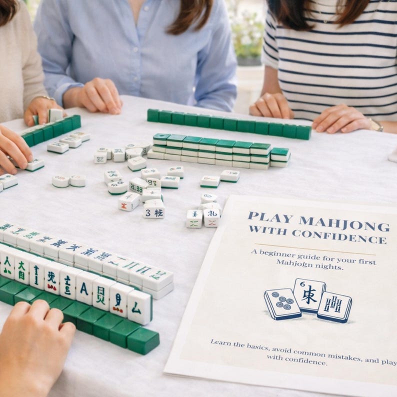 May include: A tabletop scene featuring a Mahjong game in progress. Green and white tiles are arranged on a white surface. A booklet titled "Play Mahjong With Confidence" is visible, along with hands of people playing the game.