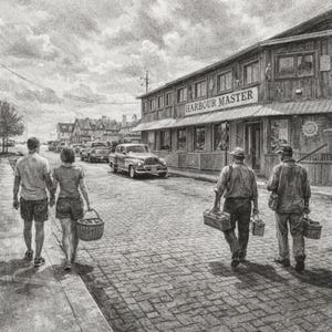 May include: Black and white pencil drawing of a street scene with people walking and vintage cars. The building in the background has a sign that reads "Harbour Master". A couple walks hand-in-hand, and others carry baskets and toolboxes.