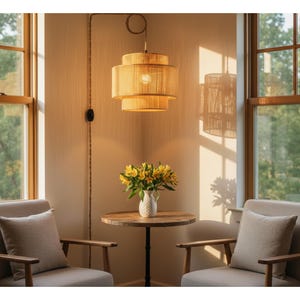 May include: A cozy interior scene featuring a layered, woven pendant light fixture hanging above a small round table. Two armchairs with neutral-colored cushions flank the table. A vase of yellow flowers sits on the table, and sunlight streams through the windows.