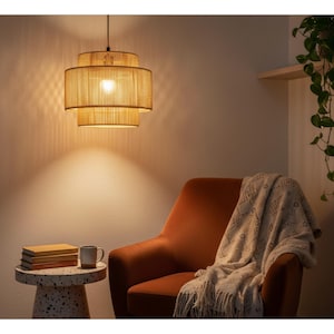 Boho Rattan Plug-In Pendant Light, Woven Bamboo Wicker Shade, Dimmable Hanging Fixture