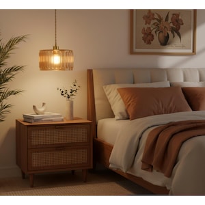 Plug-In Pendant Light: Green Glass Flower Shade, Gold Mid Century Modern Lamp Hanging Lamp
