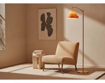 Floor Lamp, Mid Century Modern Wooden Standing Lamp with Layered Wood Shade, Tall Reading Lamp for Living Room, Bedroom, Office