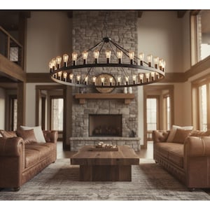 May include: A spacious living room featuring two brown leather sofas, a wooden coffee table, and a large, circular chandelier with exposed light bulbs. A stone fireplace and large windows complete the rustic, inviting atmosphere.