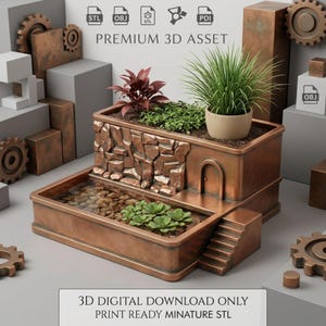 May include: A copper-colored 3D digital model of a tiered planter featuring a stone-textured upper level with a small arched door, a lower water basin with pebbles and greenery, and a staircase, labeled as a premium 3D asset for print.