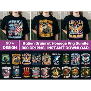 Könnte beinhalten: Eine Auswahl an schwarzen T-Shirts mit farbenfrohen Grafikdesigns. Die Designs zeigen einen Gorilla mit amerikanischer Flagge, ein Alligator in Militäruniform und ein Huhn mit Bananenflügeln. Text auf den Shirts beinhaltet "MERICA BRAINROT", "BOMBARDINO CROCODILO" und "CHICKEN BANANINI!"