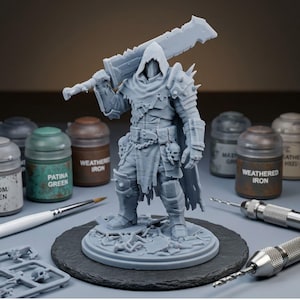 Modelo 3D do Carrasco Sombrio em STL para Impressão | Modelo 3D de Bárbaro Encapuzado | Arquivo STL de Guerreiro para RPG de Mesa | Miniatura Digital de Lutador Sombrio