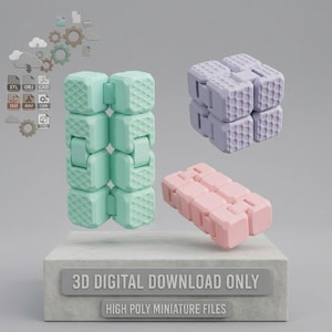 Könnte beinhalten: Drei Infinity-Cube-Fidget-Spielzeuge in Minzgrün, Lavendel und Hellrosa mit texturierten Oberflächen. Das Bild enthält den Text 3D DIGITAL DOWNLOAD ONLY und HIGH POLY MINIATURE FILES sowie verschiedene kleine Dateiformat-Symbole.