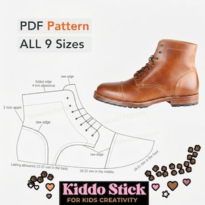 May include: A brown leather lace-up boot shown next to a technical line drawing pattern. The diagram includes labels for a 4 mm folded edge allowance, 3 mm seam, and lasting allowances of 22-25 mm, 20-23 mm, and 18-21 mm. Text reads PDF Pattern ALL 9 Sizes.