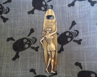 Retro Surfer Girl Pin-Up Bottle Opener, Die-Cut Metal Beach Bar Decor