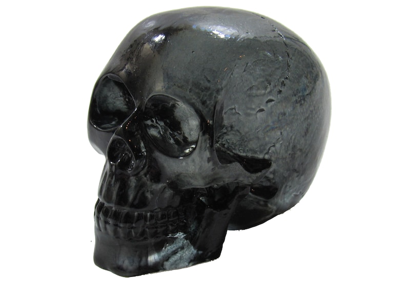 May include: A black resin skull. The skull is glossy and features a detailed design.