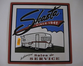 Vintage Travel Trailer Sales and Service Sign, NOS Embossed Metal Camper Logo