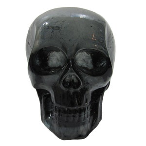 May include: A black skull figurine with a glossy finish. The skull has detailed features, including eye sockets, a nose, and a mouth.