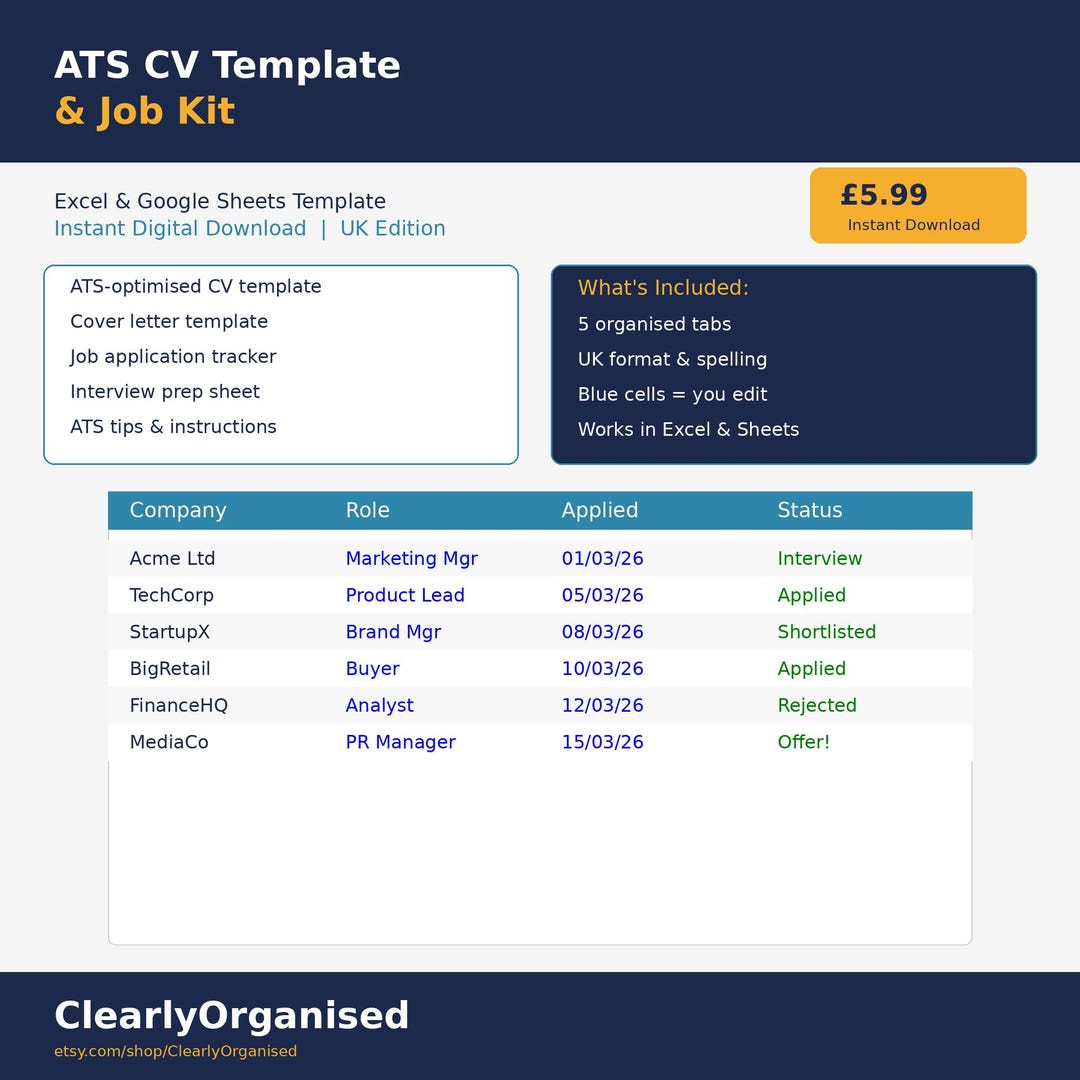 UK ATS CV Template | Excel and Google Sheets Job Application Kit ...