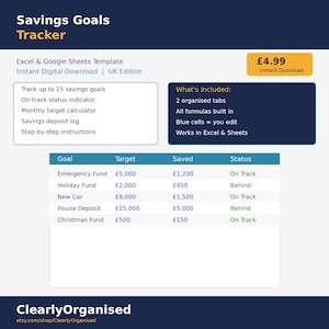 May include: Digital savings goals tracker template for Excel and Google Sheets. Features include tracking up to 15 goals, on-track status, a monthly target calculator, and a savings deposit log. Includes step-by-step instructions. Instant download.