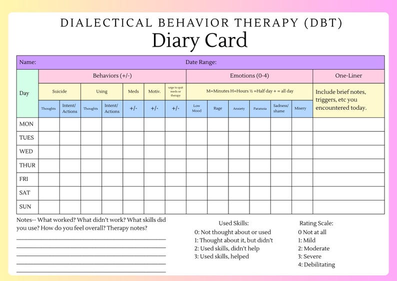 DBT Diary Card | DBT Skills Tracker | Mental Health Tracker | Printable ...