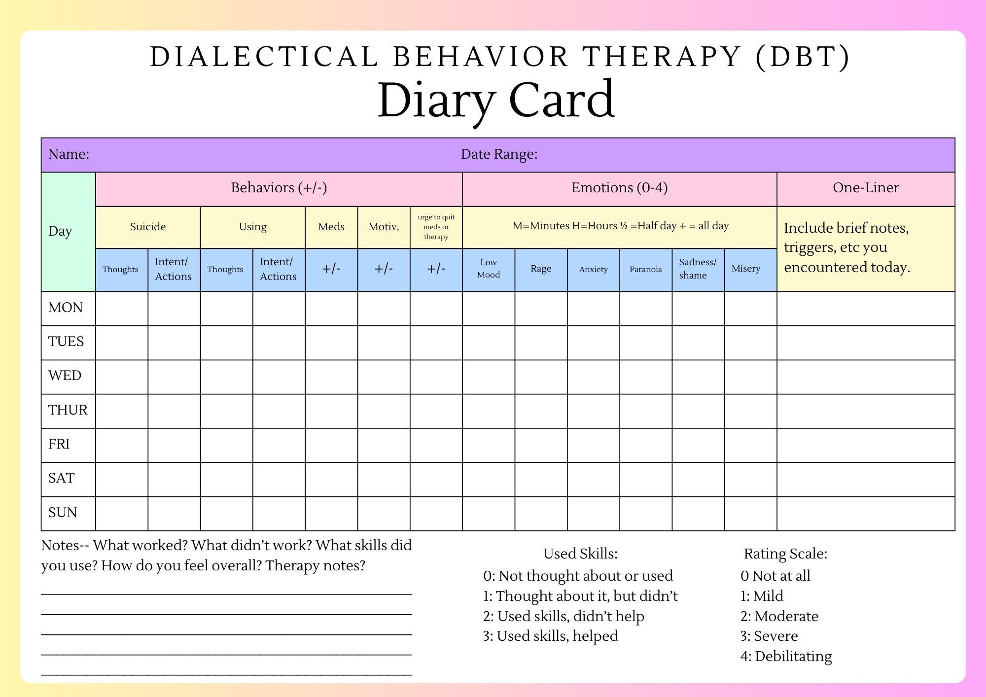 DBT Diary Card | DBT Skills Tracker | Mental Health Tracker | Printable ...