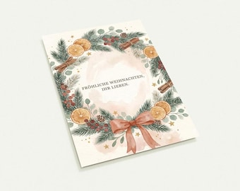 Juego de 10 tarjetas navideñas | Postal de Feliz Navidad | Corona navideña en acuarela tamaño A6