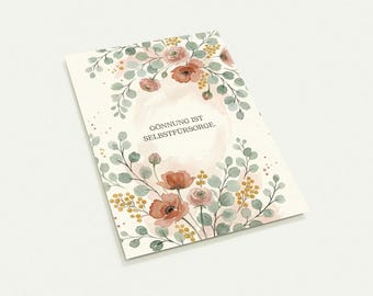 Juego de 10 postales | El placer es autocuidado | Flores en acuarela A6 | Regalo de autocuidado para tu novia | Juego de tarjetas de ánimo