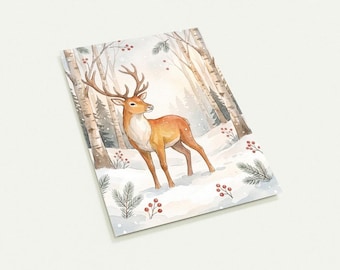 Juego de 10 tarjetas navideñas | Acuarela de renos en un bosque invernal | Correo navideño A6 | Juego de tarjetas de felicitación de invierno | Postales navideñas