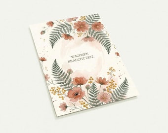 Juego de 10 postales | El crecimiento lleva tiempo | Flores en acuarela A6 | Mensaje inspirador | Regalo de ánimo para nuevos comienzos