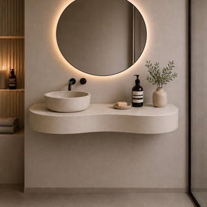 May include: A wall-mounted, curved beige vanity featuring a round stone vessel sink, a matte black faucet, and a circular backlit mirror. Accessories include a soap dispenser, a small dish with soap, and a vase with green foliage.