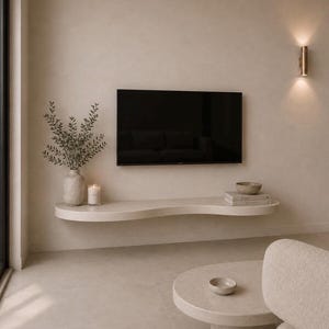 May include: A wall-mounted floating shelf with a curved, organic shape in a matte beige finish. The shelf holds a ceramic vase with green foliage, a white candle, a stack of two books, and a small bowl. A flat-screen television is mounted above.