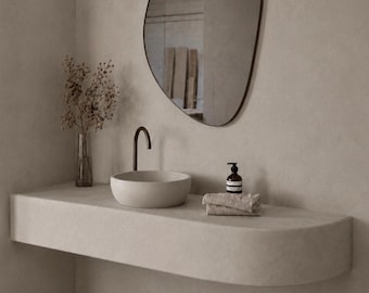 Microcement organic curve floating vanity sink shelf