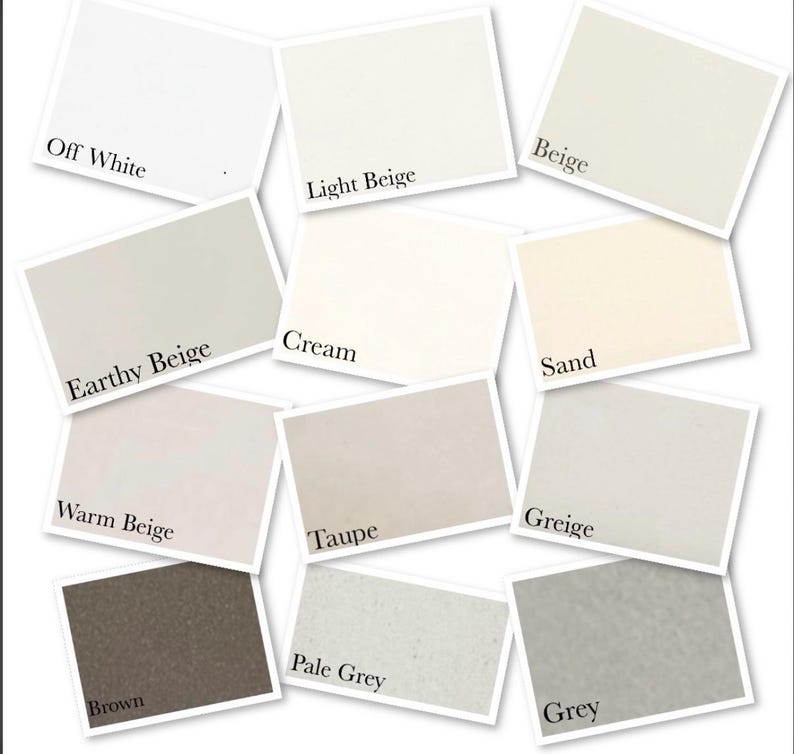 K&ouml;nnte beinhalten: Eine Sammlung von elf rechteckigen Farbmustern, die in einem Raster angeordnet sind und jeweils mit ihrem Farbton beschriftet sind: Off White, Light Beige, Beige, Earthy Beige, Cream, Sand, Warm Beige, Taupe, Greige, Brown, Pale Grey und Grey.