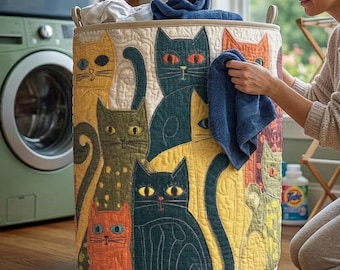 Cat Quilted Laundry Basket – Whimsical Cat Storage Bin, Gift for Mom & Grandma
