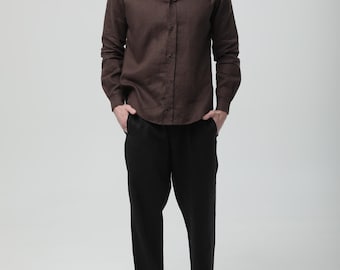 Camisa de lino marrón para hombre – Camisa de tela natural hecha a mano, camisa de lino ligera e informal