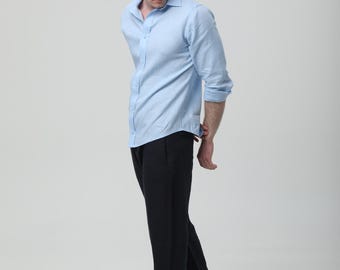 Handmade Blue Linen Shirt for Men, Natural Linen Casual Shirt, Timeless Everyday Style