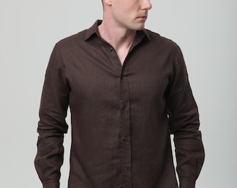Men’s Brown Linen Shirt, Handmade Natural Fabric Top, Lightweight Everyday Wear
