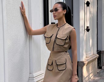 Women’s Beige Cotton Two-Piece Set, Vest Top and Skirt Outfit, Chic Minimalist Matching Set