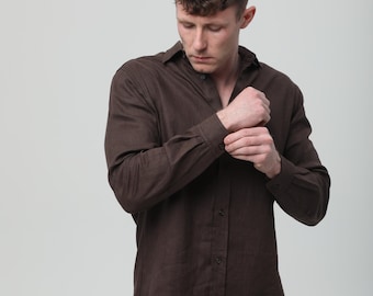 Handmade Brown Linen Shirt for Men, Breathable Linen Shirt, Minimalist Casual Essential