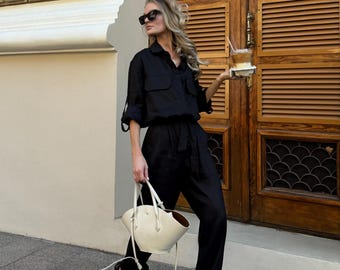 Black Linen Jumpsuit for Women – Loose Fit Natural Fabric One Piece, Chic Summer Wear