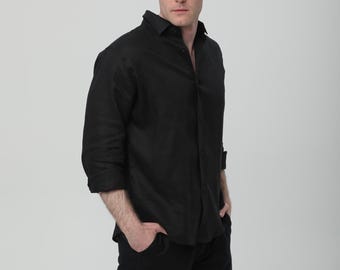 Camisa de lino negra para hombre, camisa de tela natural hecha a mano, estilo minimalista atemporal.